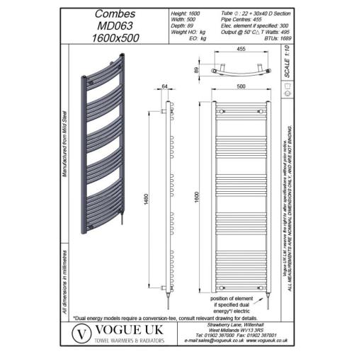 Vogue Combes 1600 x 500mm Curved Ladder Towel Rail Heating Only Chrome 1689BTU MD063 MS16050CP